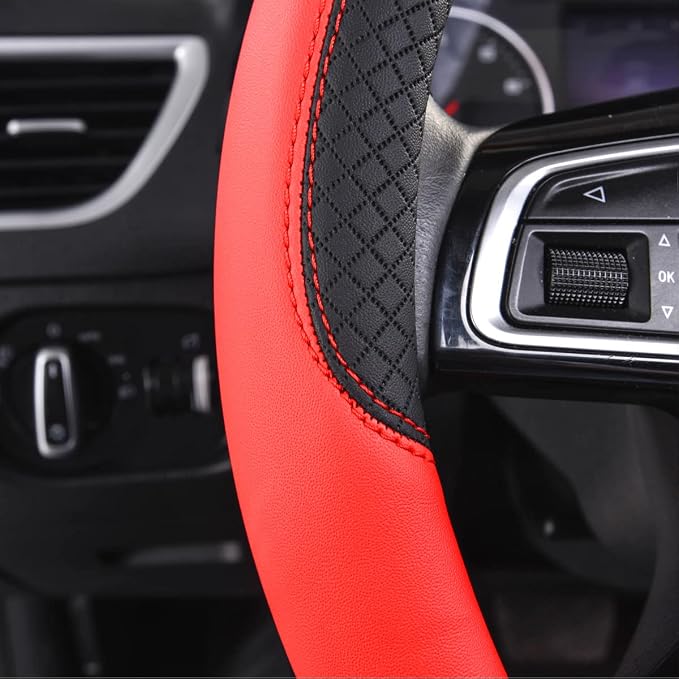 CAR PASS Rhombus Leather Universal Steering Wheel Cover, Fit - Image 2