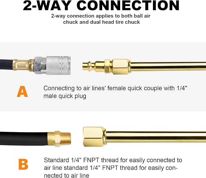 2-Way Connection 13.8" Extended Air Chuck Set, 1/4 in FNPT Straight Foot Dual - Image 5
