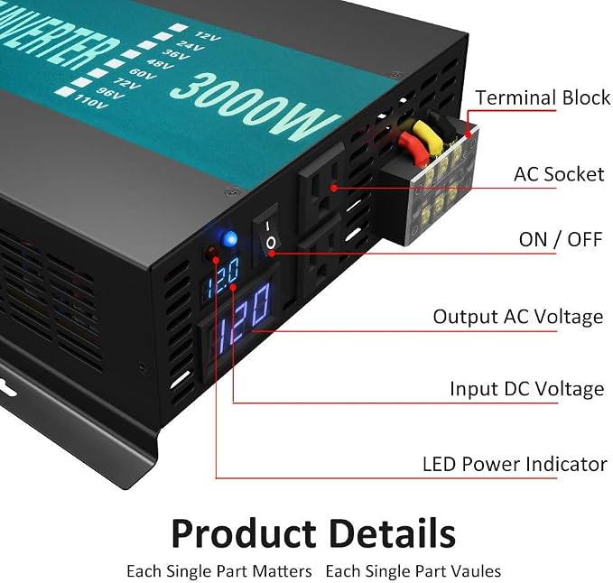 WZRELB 3000W 12V Pure Sine Wave Solar Power Inverter DC AC Converter - Image 2