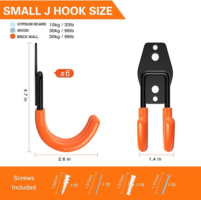 Heavy Duty Garage Hooks 6 Pack, J Shaped Hanger, Wall Mounted Storage System - Image 2