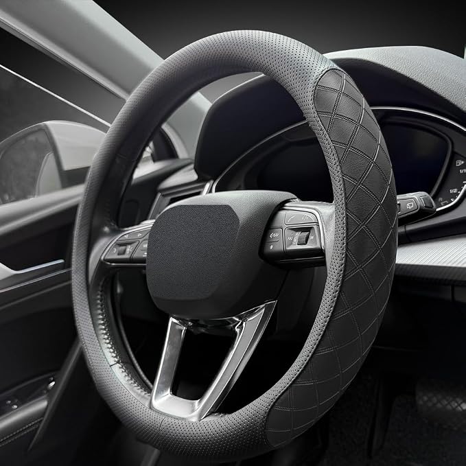 LKWLIKEI Nappa Leather Steering Wheel Cover, Elegant Diamond Checkered Design by LKWLIKEI