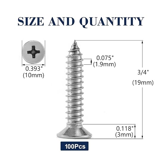 #12 x 3/4" Wood Screw 100Pcs 18-8 Stainless Steel Screws Flat Head Phillips - Image 2
