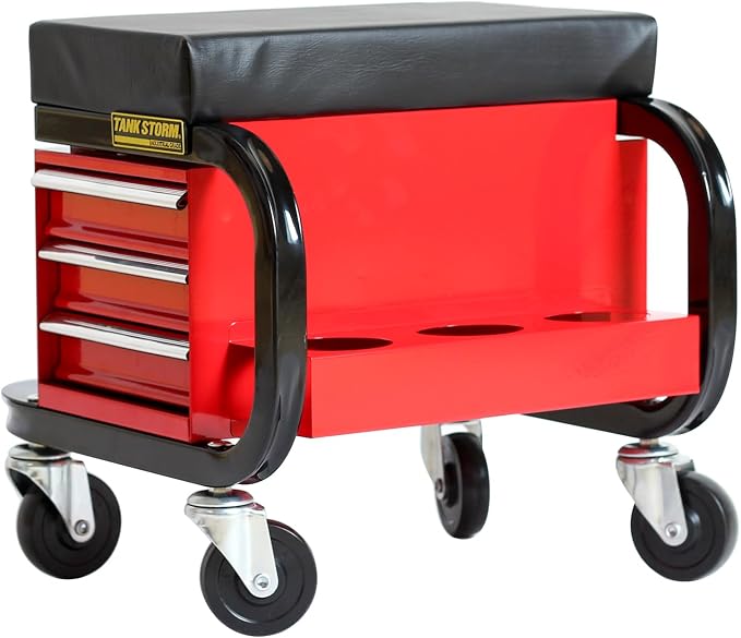 Tool Box Built-in Creeper Seat, Garage Shop Roller Seat, 3 Drawers Heavy Duty by TANKSTORM