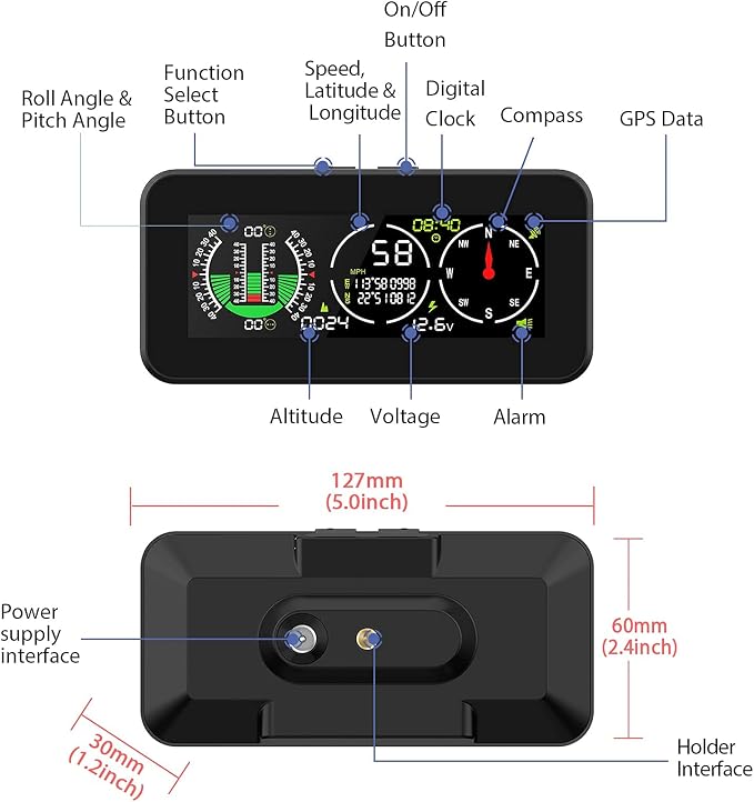 GPS Car Digital Inclinometer for Off Road Vehicles, Head Up Display DC 10-30v - Image 7