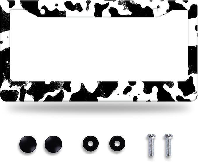 Black White Cows Texture License Plate Frame Animal Cowhide Print License Plate by GORSNKYE