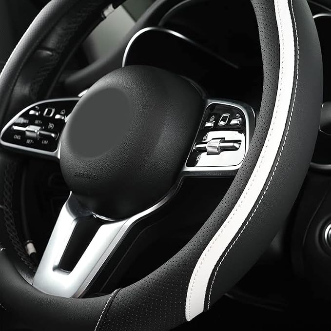 Car Steering Wheel Cover, Leather Steering Wheel Cover White Universal 14.5-15 - Image 2