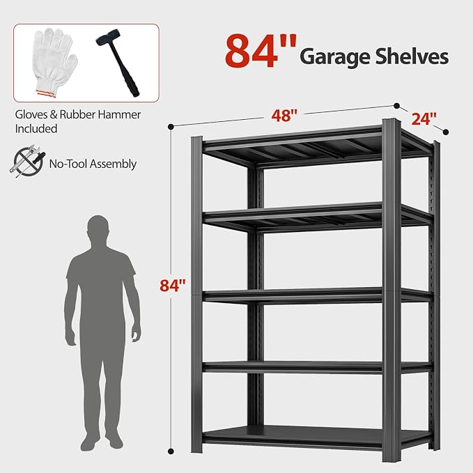5 Tier Metal Shelving Unit 84" H x 48" W x 24" D, 3000LBS Adjustable Storage - Image 3