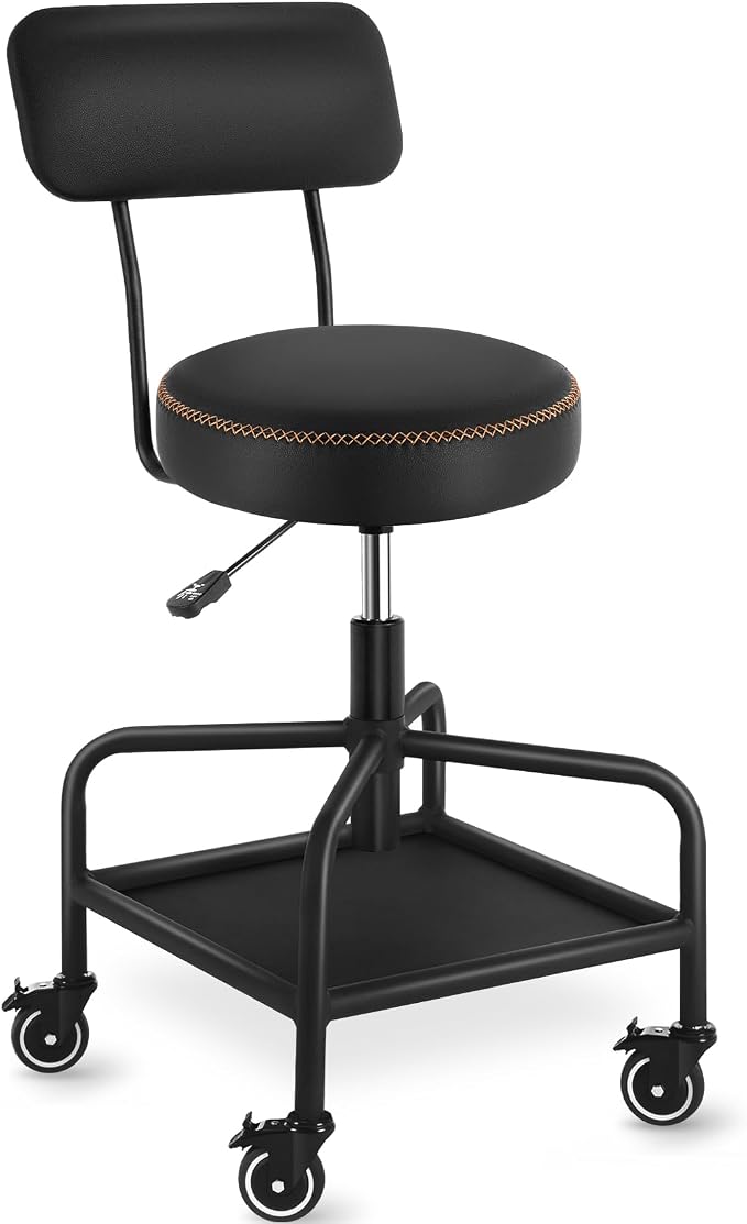 Shop Stool with Lockable Rubber Wheels Adjustable Backrest Tool Tray Storage by WUDOYO