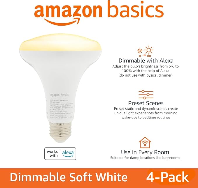 Amazon Basics Smart BR30 LED Light Bulb, Dimmable Soft White, Works - Image 2