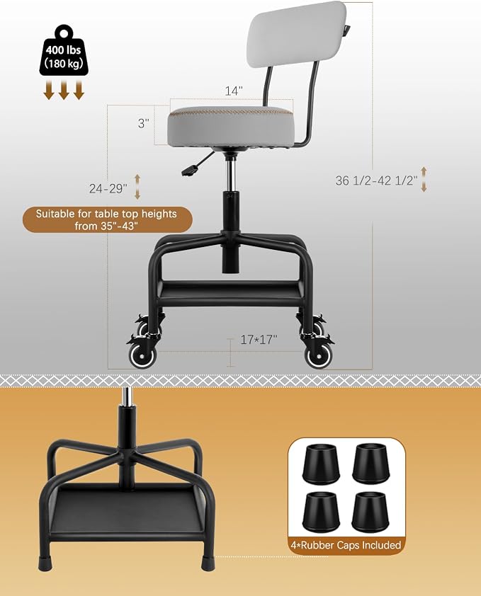 Shop Stool with Lockable Rubber Wheels Adjustable Backrest Tool Tray Storage - Image 2