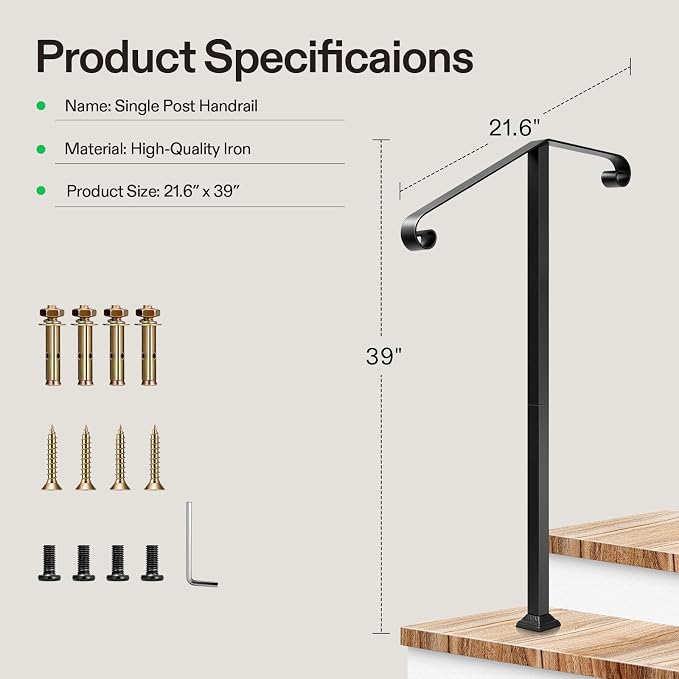 VIVOSUN Outdoor Handrail, 2 Step Stair Handrail, 21.6" x 39" Fits 1 to 2 Steps - Image 2