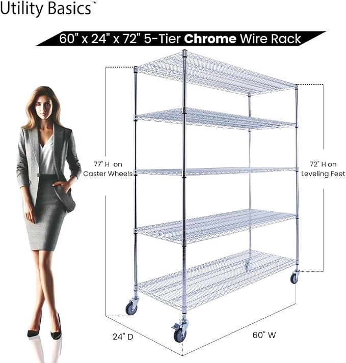 60"x24"x72" Chrome 5-Tier PREMIUM Wire Shelving NSF 4000 LBS MAX CAPACITY Heavy - Image 2