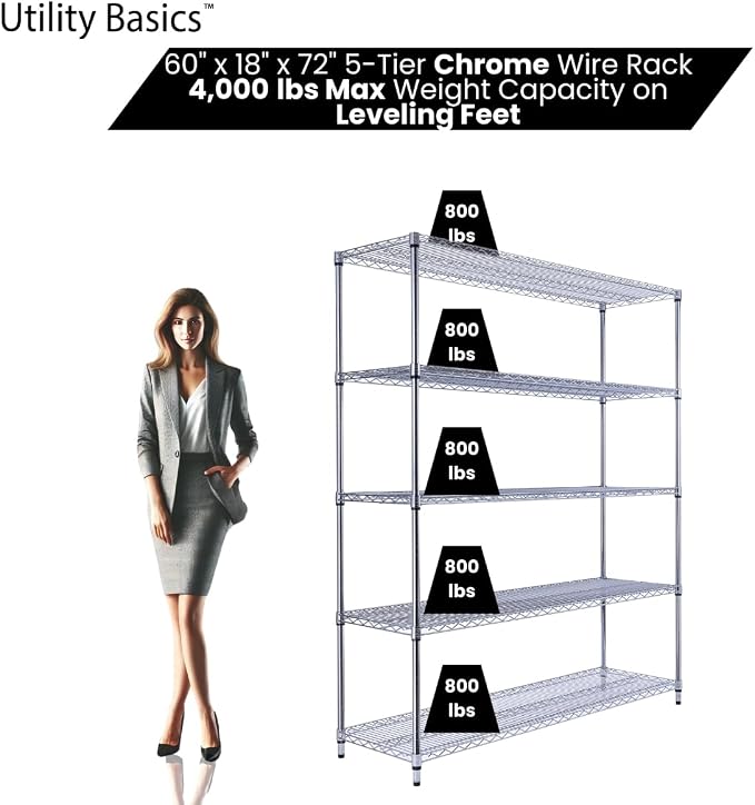 60"x18"x72" Chrome 5-Tier PREMIUM Wire Shelving NSF 4000 LBS MAX CAPACITY Heavy - Image 3