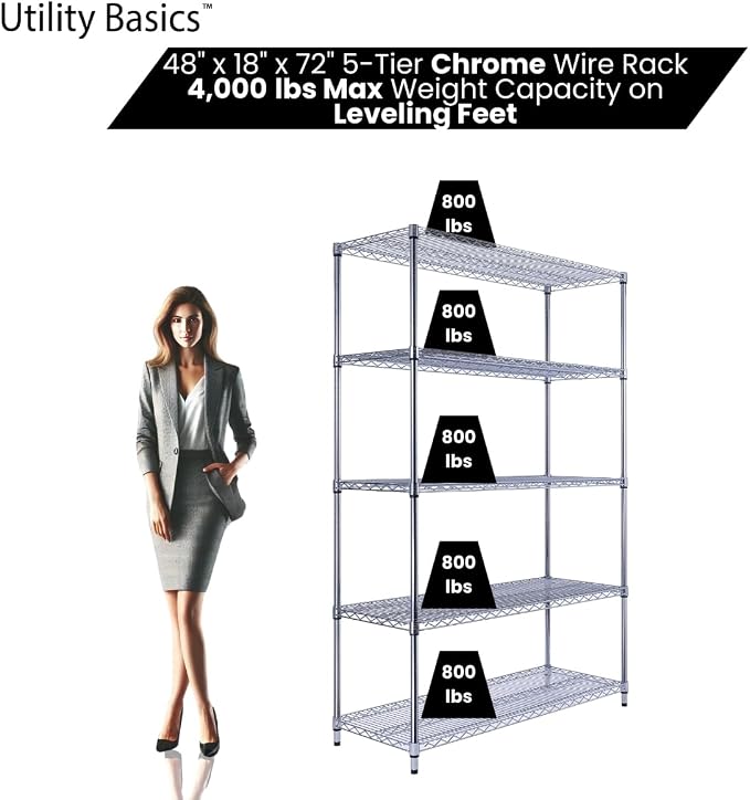 48"x18"x72" Chrome 5-Tier PREMIUM Wire Shelving NSF 4000 LBS MAX CAPACITY Heavy - Image 3