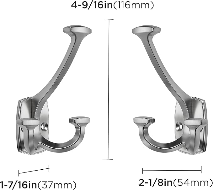 Large Wall Double-Sided Hook 2 Pack Brushed Satin Nickel Hook Decorative Heavy - Image 2