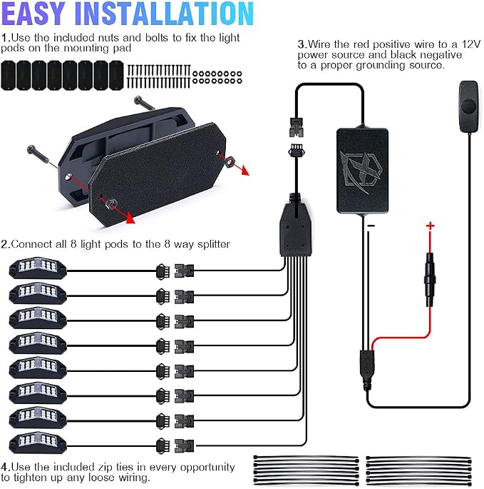 Xprite 8 Pods Rock Lights Wide Angle Bluetooth RGB Rocklights, Compatible Jeep - Image 6