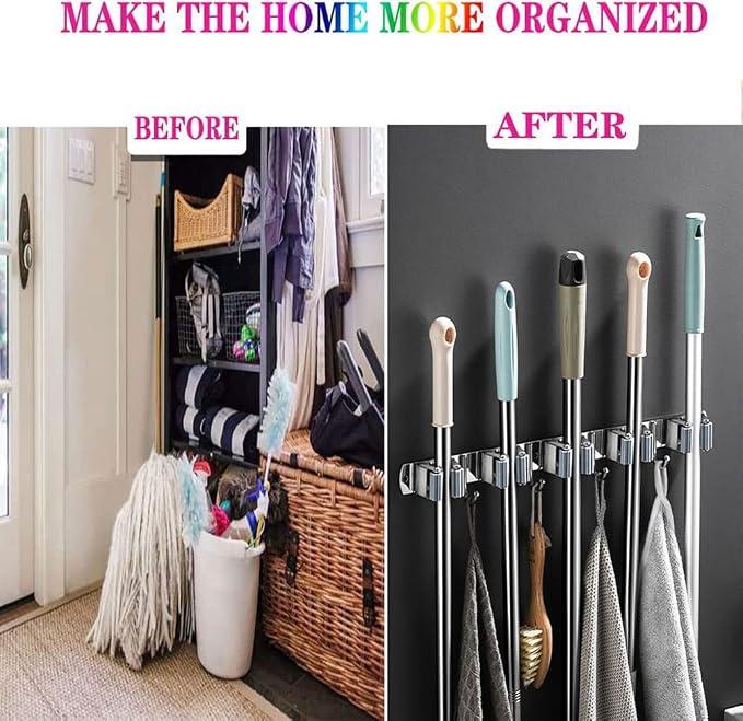 Mop and Broom Holder, 4 Positions 5 Hooks Heavy Duty Mop Hanger Wall Mounted - Image 6
