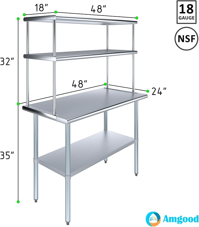 Amgood Stainless Steel Work Table Double Tier Overshelf | Metal Kitchen Prep - Image 3