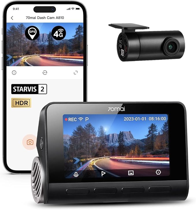 70mai A810 4K Dash Cam Front and Rear, Dual Dash Camera by 70mai