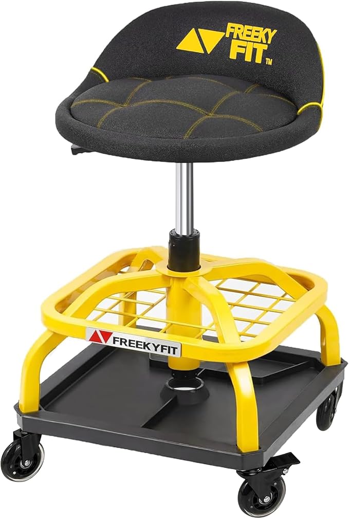 Rolling Shop Stool with Wheels, Garage Work Mechanic Stool with Backrest by FreekyFit