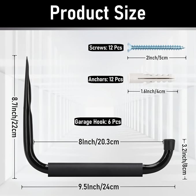 Heavy Duty Steel Garage Storage Hooks, 9.5Inches Jumbo Arm Ladders Utility Rack - Image 2