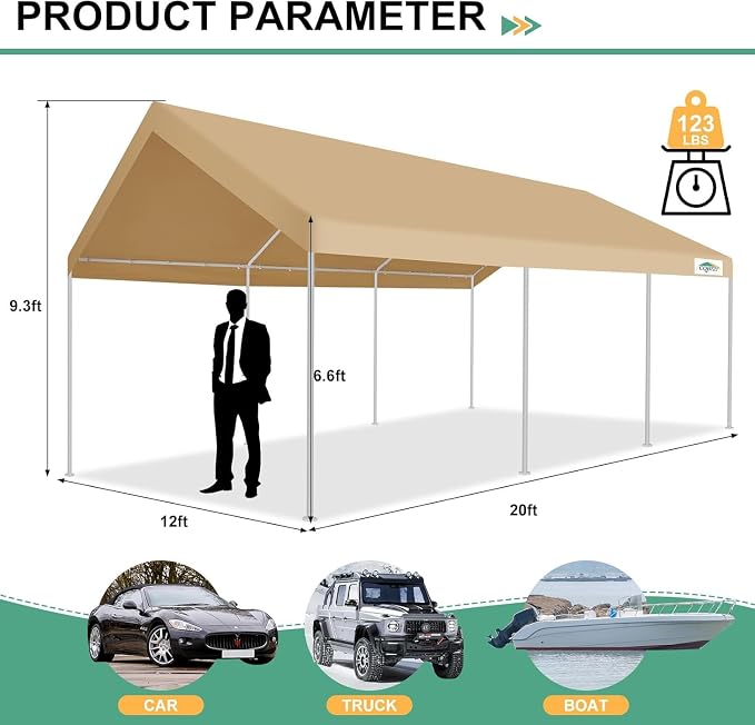 COBIZI Carport 12x20ft Heavy Duty Portable Garage, 2.0 Powder Coated Frame - Image 5