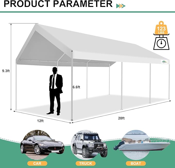 COBIZI Carport 12x20ft Heavy Duty Portable Garage, 2.0 Powder Coated Frame - Image 5