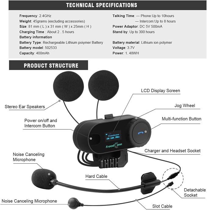 FreedConn TCOM-SC Motorcycle Helmet Bluetooth Intercom Headset Communication - Image 2