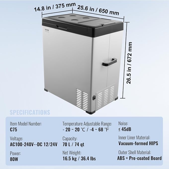 VEVOR 12 Volt Car Refrigerator Fridge, 70Liter Single Zone Portable Freezer - Image 7