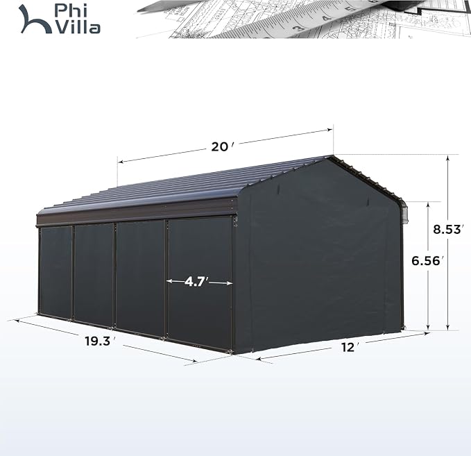 PHI VILLA 12 x 20 ft Carport Metal Carports - Image 2