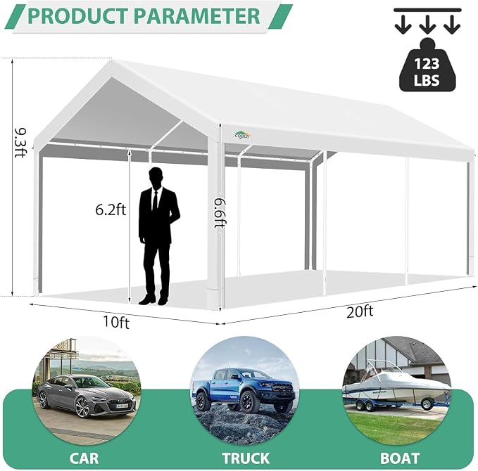 COBIZI Carport 10x20ft Heavy Duty Portable Garage, 2.0 Powder Coated Frame - Image 3