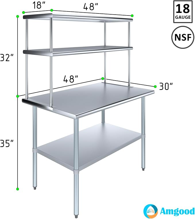 Amgood Stainless Steel Work Table Double Tier Overshelf | 30" x 48" Work Table - Image 3
