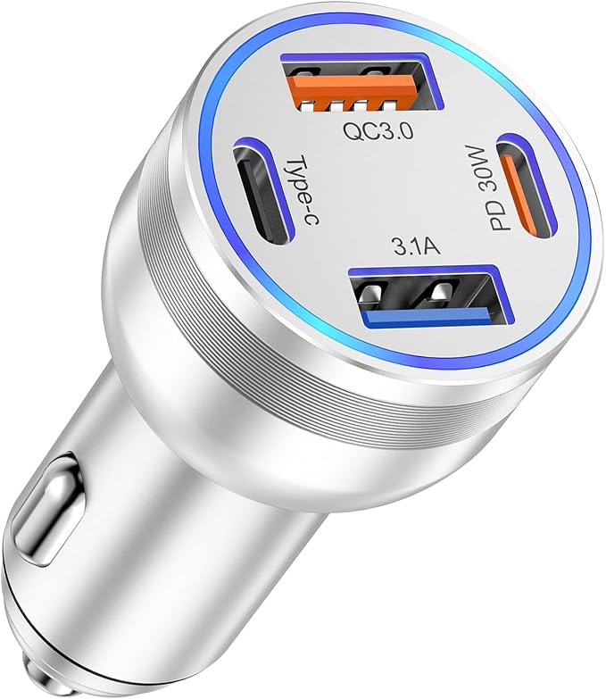 USB C Fast Car Charger, 65W 4-Port Dual USB-C & USB-A Multiport Car Phone by Avatcen