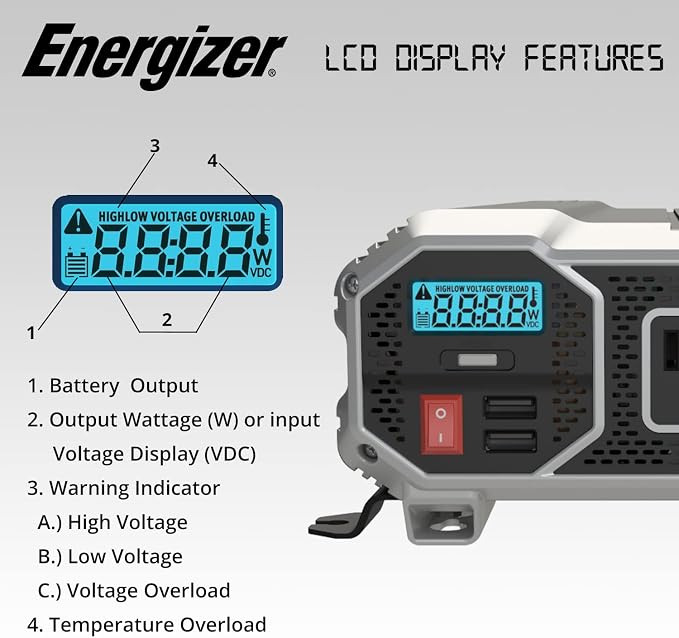 Energizer 1100 Watts Power Inverter Modified Sine Wave Car Inverter, 12V to 110 - Image 2