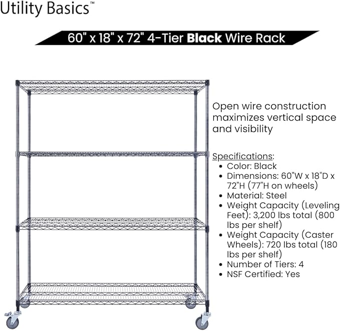 60"x18"x72" Black Premium Metal Steel Wire Shelving 4-Tier NSF 3200 LBS MAX - Image 5