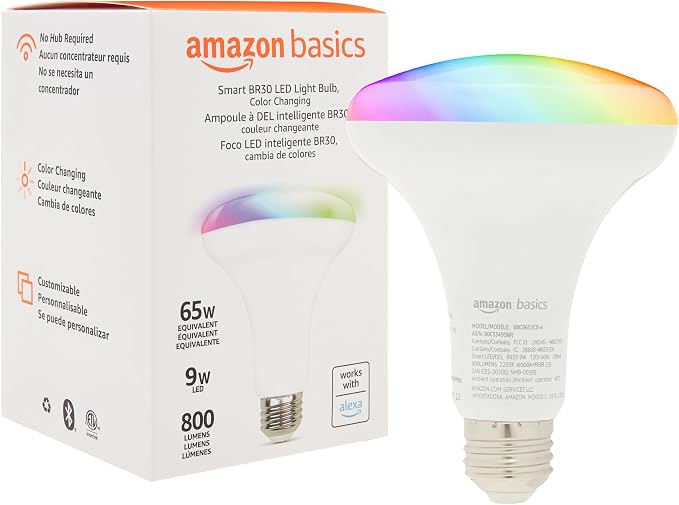 Amazon Basics Smart BR30 LED Light Bulb, Color Changing, Works by AmazonBasics