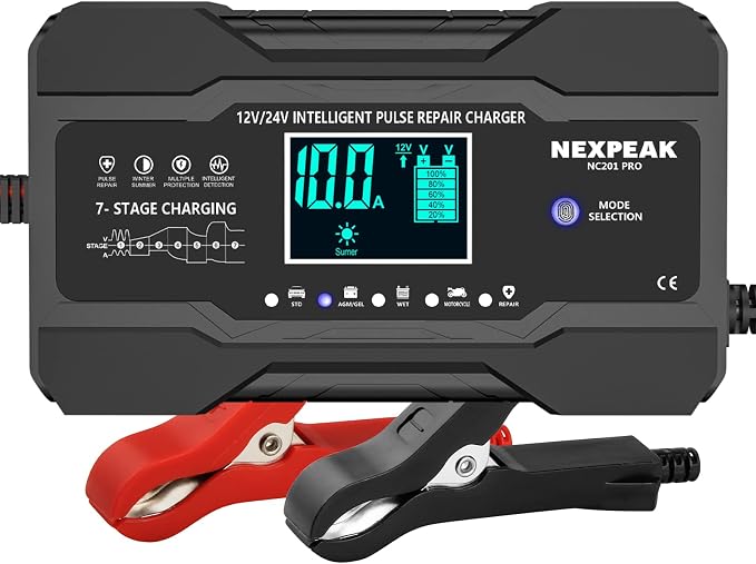 NEXPEAK 10-Amp Car Battery Charger, 12V and 24V Smart Fully Automatic Battery by NEXPEAK