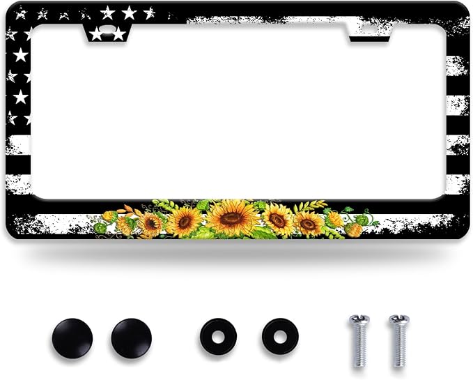 American Flag Sunflower License Plate Frame Patriotic Floral License Plate by NEWCOCO