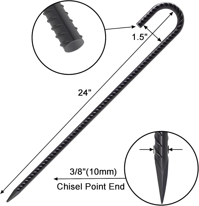 VVOKGO Rebar Stakes 24 Inch J Hook Heavy Duty Ground Anchors, 3/8 Inch Diameter - Image 2