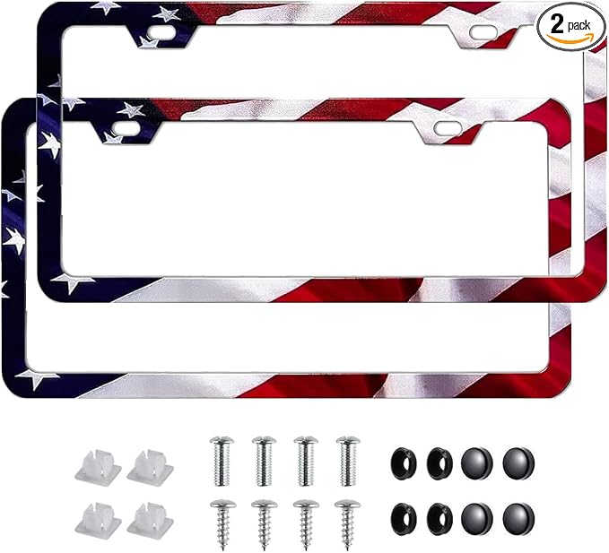 2Pack US Flag License Plate Frames- Heavy Duty Rustproof Flag License Plate Tag by Unknown