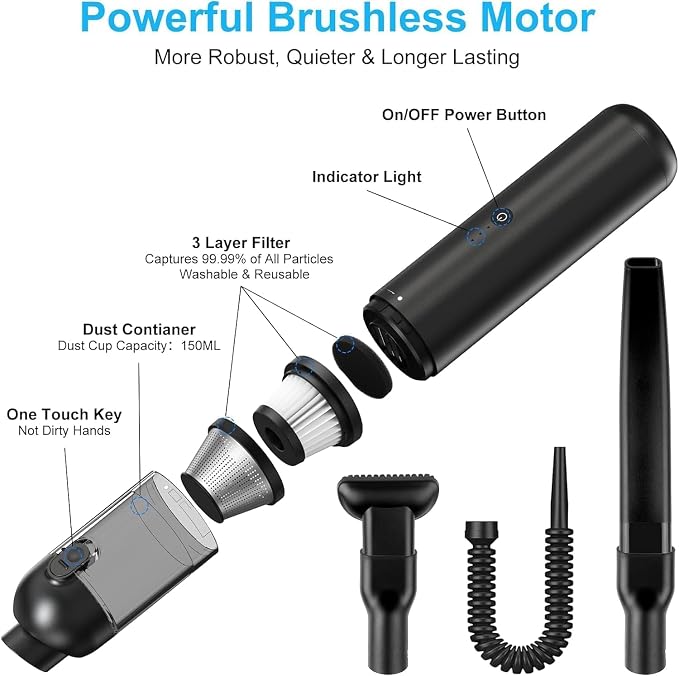 Handheld Vacuum Cordless, 16000pa Car Vacuum Cleaner High Power, 2 Speed Modes - Image 8