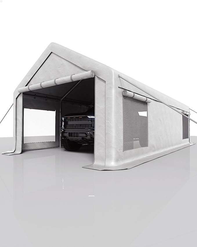 13x25 Ft Carport with 10 Sandbags, Car Port with 220g PE Tarp, 2 Roll-Up Doors - Image 2