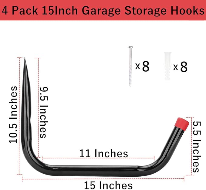 Heavy Duty Garage Storage Hooks, 15Inch Jumbo Arm Kayak Wall Hangers 100 LB - Image 2