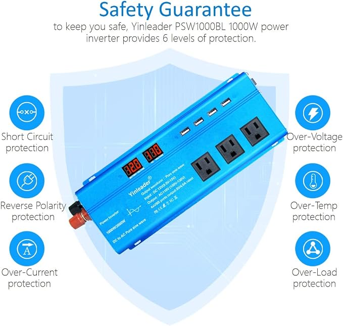 Yinleader 1000 Watt Pure Sine Wave Inverter 12V to 110V DC to AC Car Power - Image 6