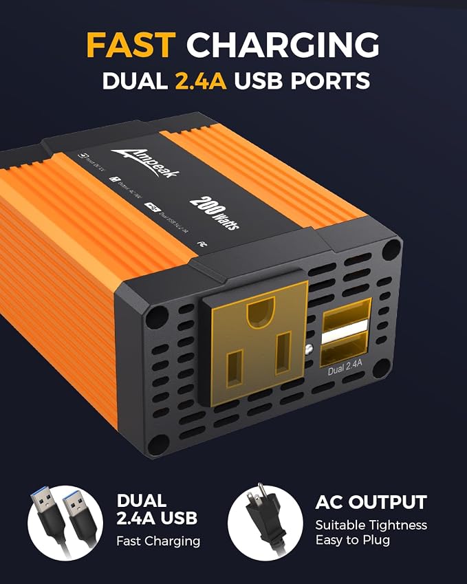 Ampeak 200W Car Power Inverter 4.8A Dual USB Ports AC Outlet Car Inverter DC - Image 2