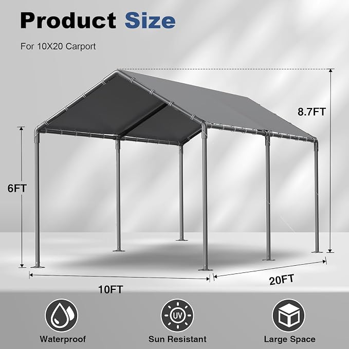 Grezone 10 x 20ft Heavy Duty Carport, Portable Car Tent Garage, All Season UV - Image 2