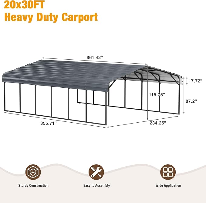 EBE 20'x30' Metal Carport, Heavy Duty Carports Canopy - Image 2