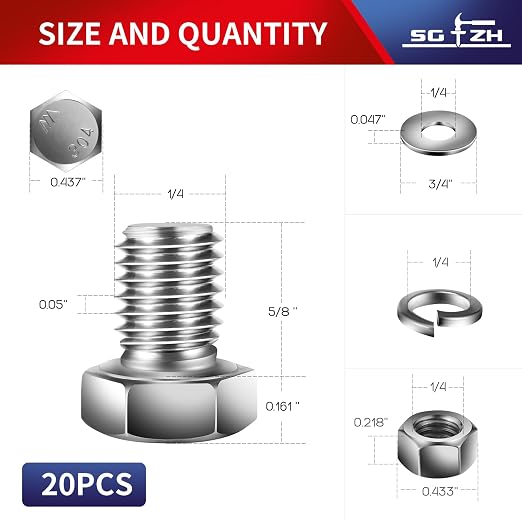 1/4-20 x 5/8" Hex Head Screw Bolt, Flat & Lock Washers, Fully Threaded - Image 2