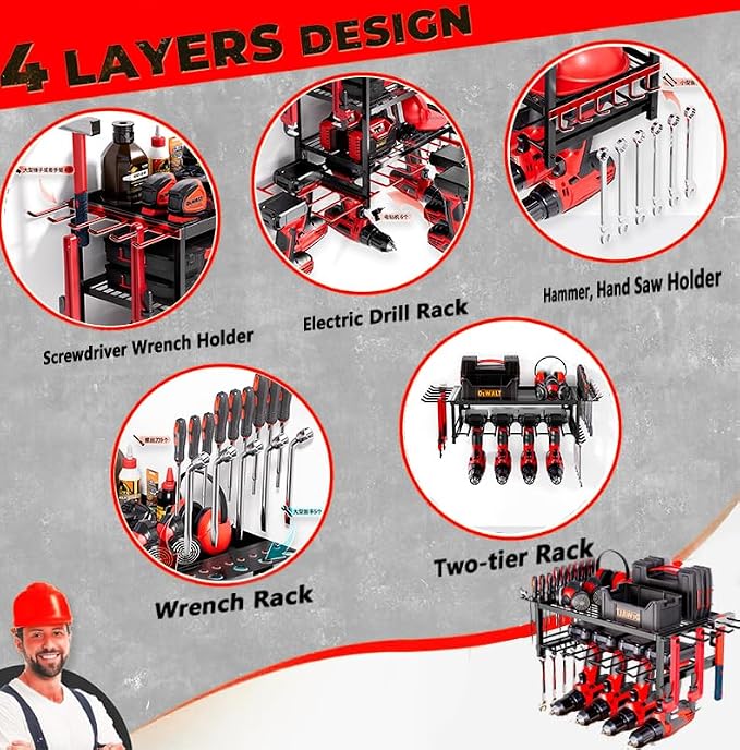 Power Tool Organizer, Garage shelving 2 Layers Garage Tool Organizers 4 Drill - Image 3