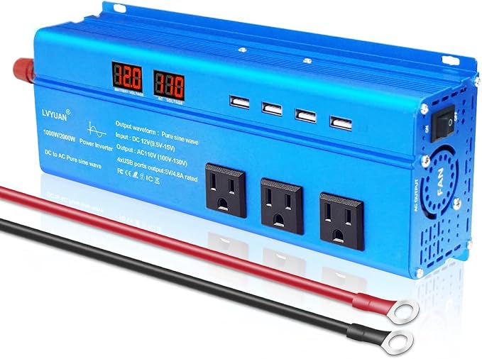LVYUAN 1000 Watt Pure Sine Wave Inverter 12V to 110V 120V DC to AC by LVYUAN